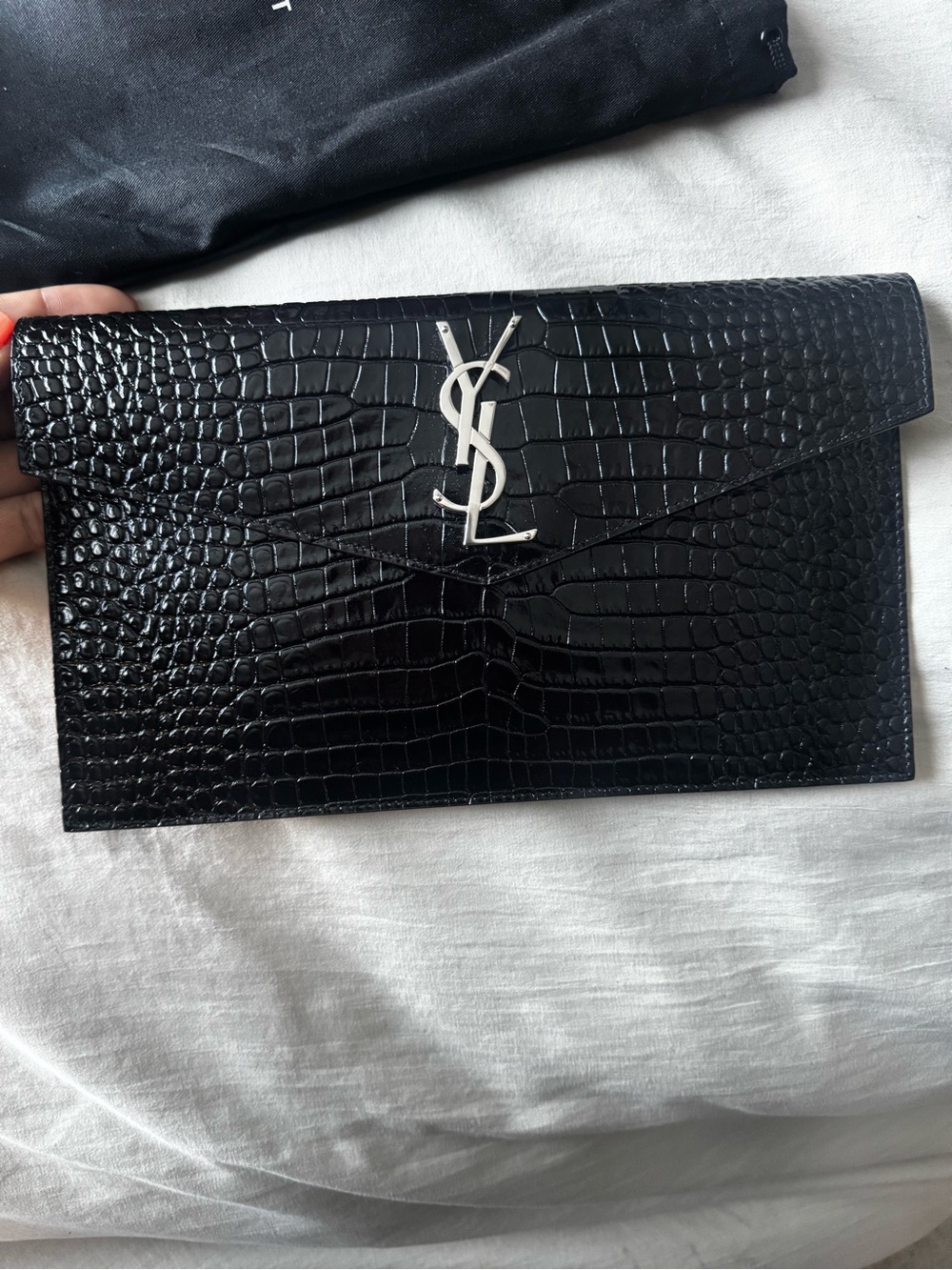 Saint Laurent Black Croc-Embossed Leather Envelope Wallet with Silver YSL Logo